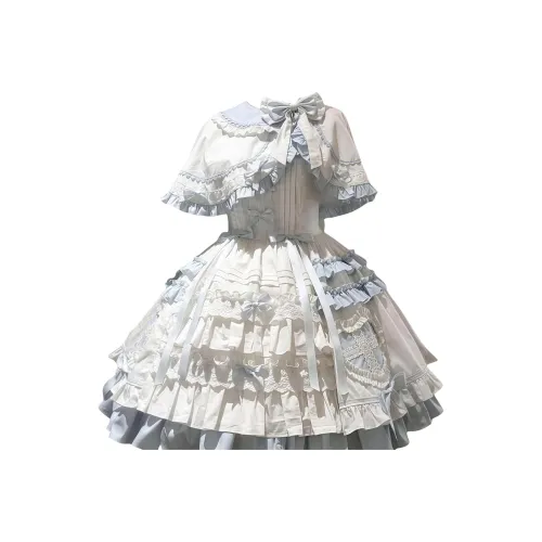 WLEQK Синий Белый JSK Короткая Юбка + Плащ Полный Комплект Женские Лолита Платья