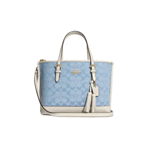 COACH Canvas с кожаными вставками тоут сумка для покупок сумка через плечо средний размер женский синий монограмма белый