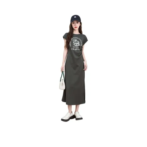 FAWENXIANGZI Короткий рукав Платье Женское Темно-серый