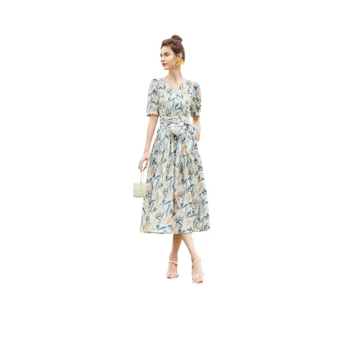 TOUCH Короткий рукав Платье Женское Белое Подкладочная ткань Желтый Зеленый Многоцветный