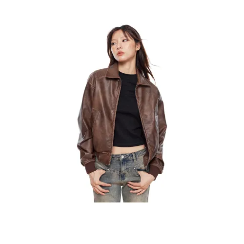 HUFFNPUFF Кожа Куртка Женская Коричневая