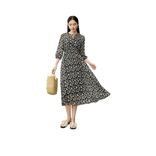 SENTUBILA Черный цветок Женские Длинные Платья с Рукавами