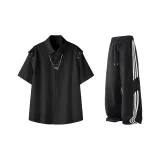 Черная рубашка + черные штаны из ледяного шелка с тремя полосами