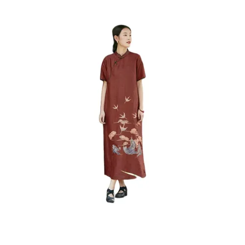 JIXIANGYUER Темный Охра Кофе Женские Ципао