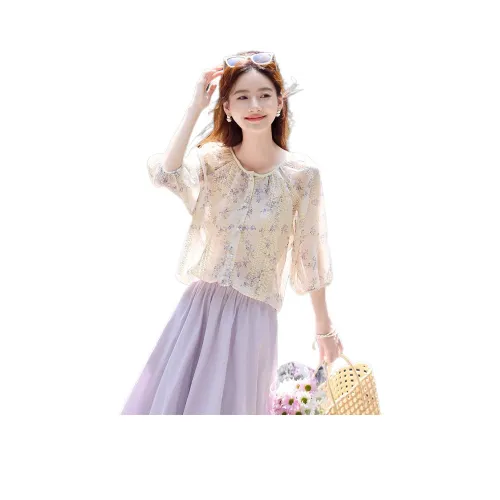 SHANGJING Абрикос + Фиолетовый Цветок Женские Рубашки