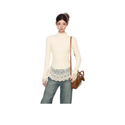 OYANXI Облегающий крой Верхняя одежда Кружевная отделка Длинный рукав Трикотажный топ Женские