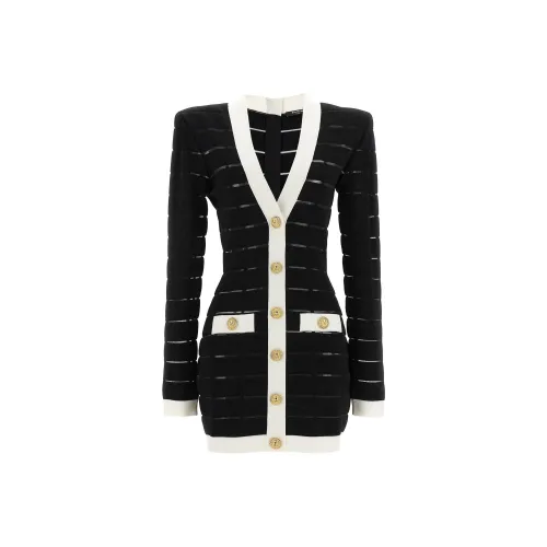 BALMAIN Черное Женское Длинное Платье с Рукавами