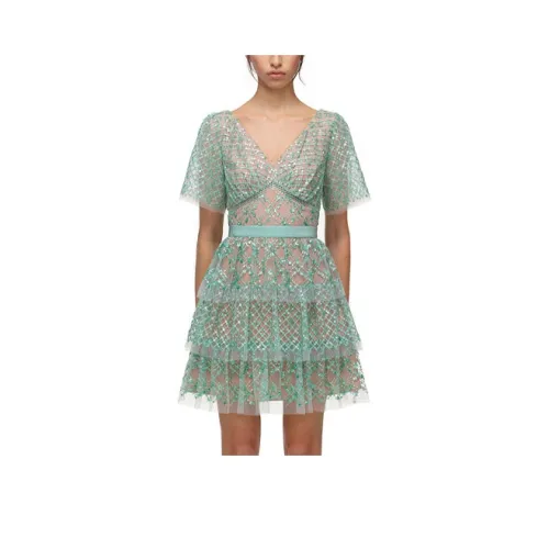 Self Portrait FW21 Короткий рукав Платье Женское Нефритово-зеленый