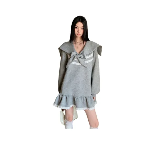 TUSHIFEI Длинное платье с длинными рукавами женское серо-вересковый