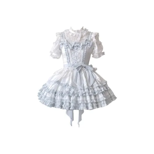 WLEQK Сине-белый [Внутренняя одежда + Платье-камзол + Хвост платья + Straps] Женские Лолита Платья