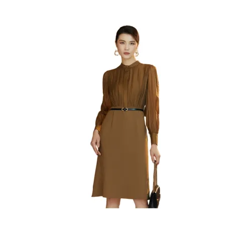 BBLLUUEE Длинный рукав Платье Женское Элегантное КАМЕЛ