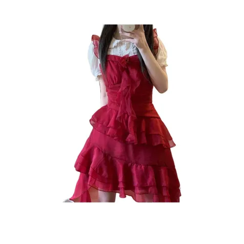 LAKESI Красная юбка на подтяжках, воротник Питера Пэна, рубашка, женские комплекты с юбкой