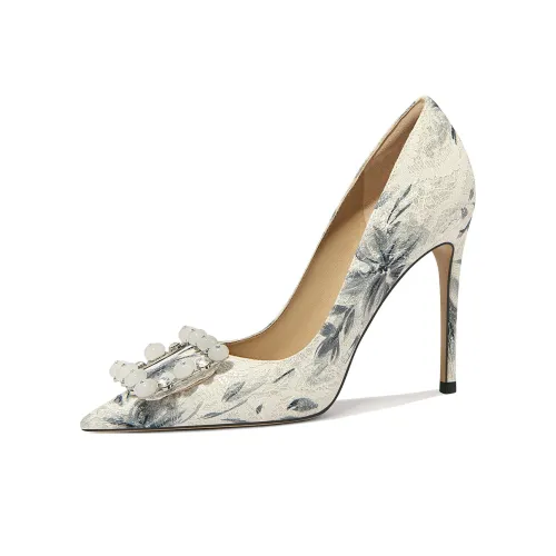 Lily Wei Темная тень Цветочный дизайн Song Узкий каблук Высокие каблуки Женские Принт Белый