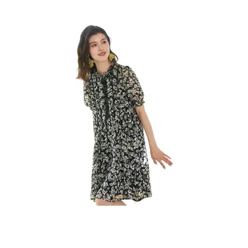 VILAN Короткий рукав Платье Женское Черный цветок