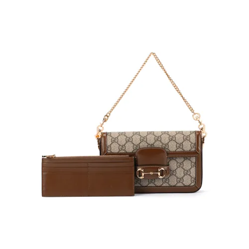 GUCCI Horsebit 1955 Холст и Кожаная Сумка через плечо Сумка на плечо Женская Коричневая
