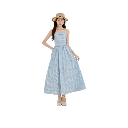 SIXUSICHOU Синие полосы Цветочное платье Женские слиплатья