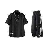 Черная футболка с принтом буквы + черные штаны из ледяного шелка с тремя полосами