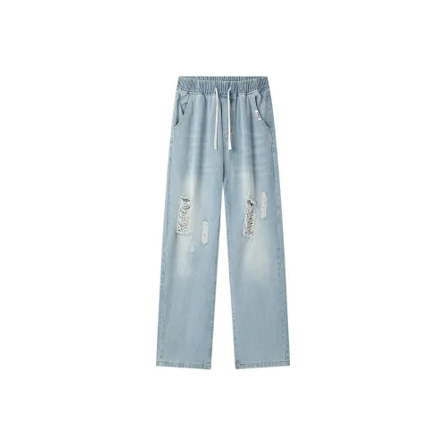 YAOQI Светло-синие рваные эластичные тонкие унисекс джинсы