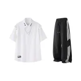 Белая рубашка с принтом в букву C + черные штаны из ледяного шелка с тремя полосами