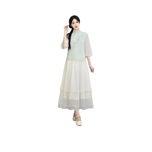 EFCR Светло-зеленый топ + бежевая юбка женские Ханьфу