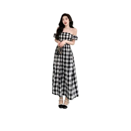 KEAB Короткий рукав Платье Женское Черный Белый Клетка