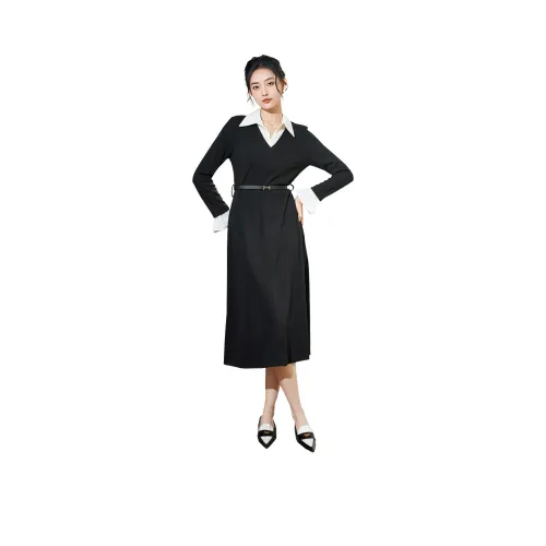 SMEN Длинное платье с длинными рукавами женское черное