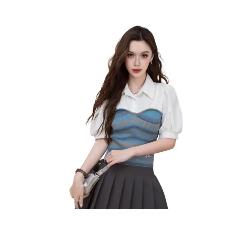 FAWENXIANGZI Светло-синий/Белый Женские Рубашки