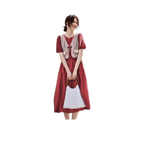 XWI SS24 Короткое платье с короткими рукавами женское бордового цвета