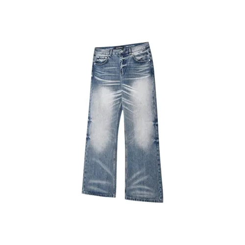 г TRE Снежинка Шторм Промытый Потертый Буткат Свободный крой Утягивающий Джинсы Унисекс