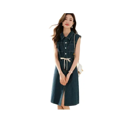 Mo Han Yi Mei Без рукавов Платье Женское Джинсовый синий