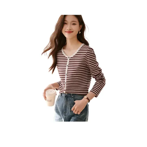 Mo Han Yi Mei T-рубашка Женская Красный кофе Полосы