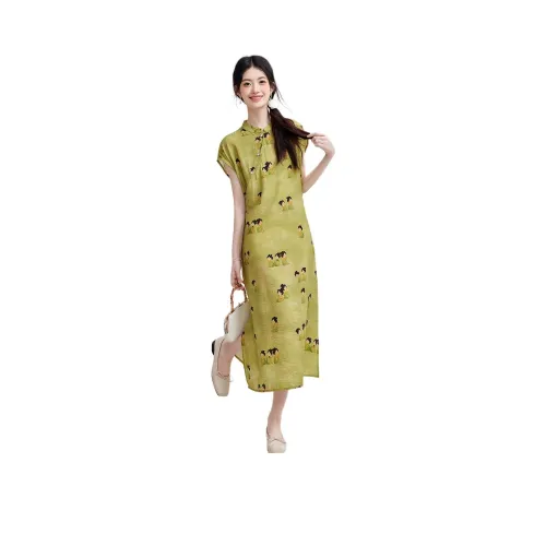 Emodues SS24 Короткий рукав Платье Женское Зеленое LADY Рисунок
