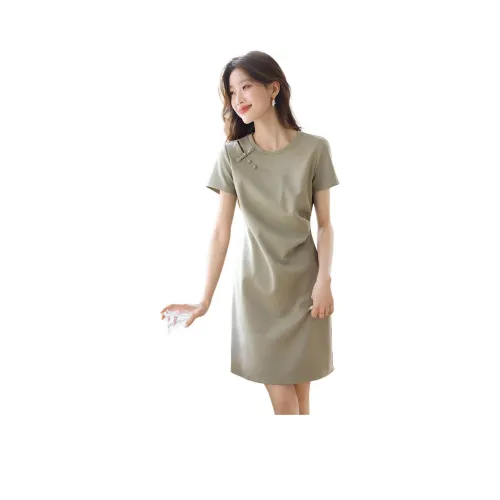 Mo Han Yi Mei Короткий рукав Платье Женское Гороховый зеленый