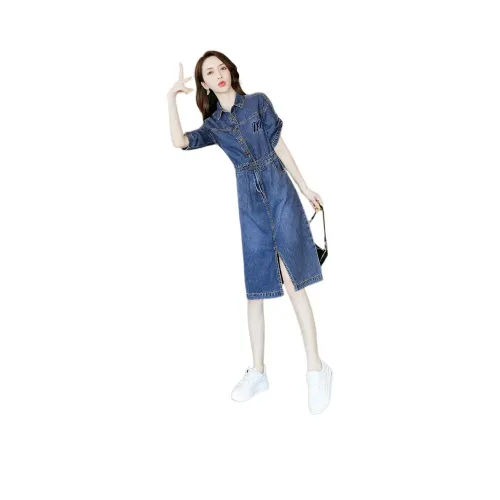 Mo Han Yi Mei Короткий рукав Платье Женское Джинсовый синий