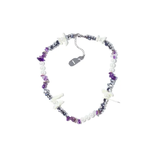 Get'em ON Фиолетовый Crushed Камень Белая раковина Бусины Серебряный Титановая сталь Ожерелья Унисекс