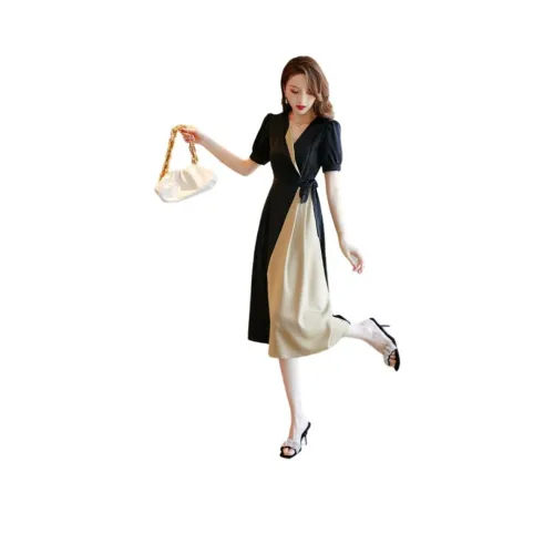 Mo Han Yi Mei Короткий рукав Платье Женское Черное Rice Пэчворк