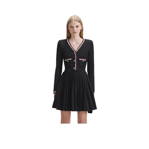 Self Portrait Длинное Платье с Длинными Рукавами Женское Классическое Черное