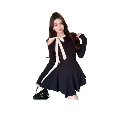 TUSHIFEI Длинное платье с длинным рукавом женское черное