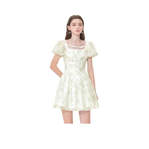 Caroline Короткий рукав Платье Женское Белое Основа Желтый цветочный