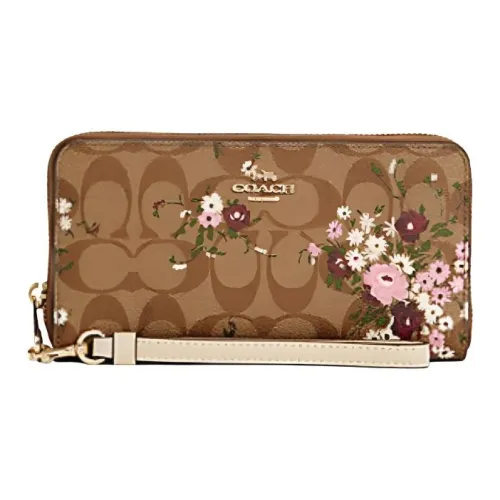 COACH Zip Around Покрытие Холст с Кожей Вставка Кошелек Женский Хаки Фиолетовый