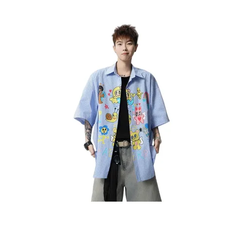 JIARONG Светло-синий Клетчатый Рубашка Унисекс