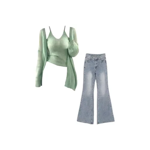 MARIE·COCO Светло-зеленый топ, двухкомпонентный набор + джинсы, женские повседневные костюмы