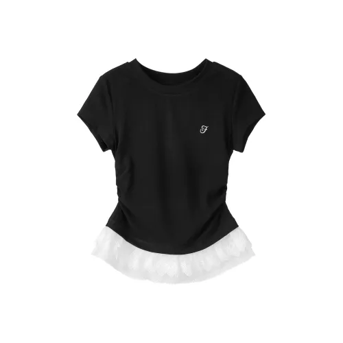 Fstudio Лето Корейский Преппи стиль Кружево Пэчворк Топ T Рубашка Женская