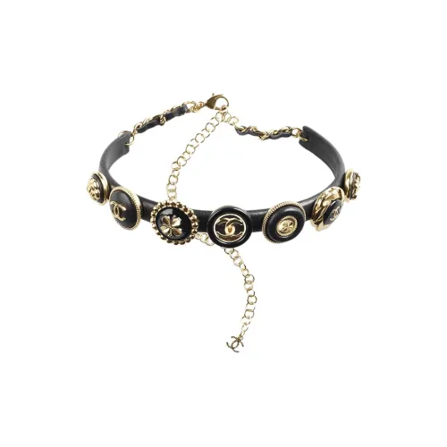 CHANEL Double C Кожа Metal Necklaces Женские Черный Золотой