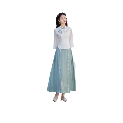EFCR Белый топ + Светло-зеленая юбка женские Ханьфу