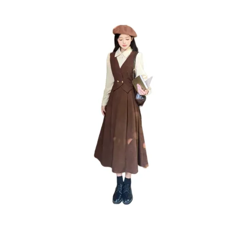 GULIANFEI Длинное платье с длинными рукавами женское кофейного цвета