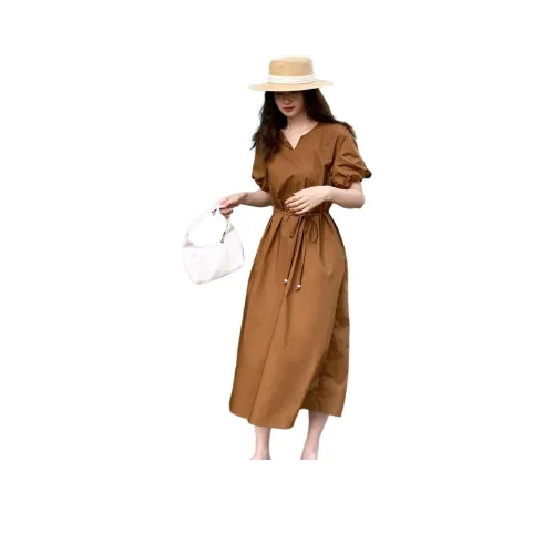 NANING9 Короткий рукав Платье Женское Карамель