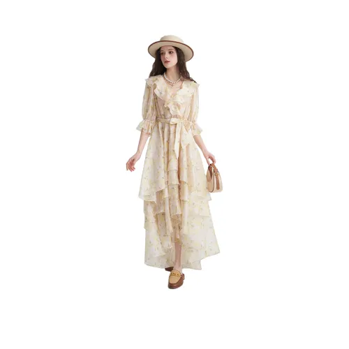 JORYAweekend Короткий рукав Платье Женское Светло-желтое