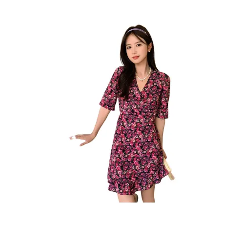 Emodues Короткий рукав Платье Женское Цветочное