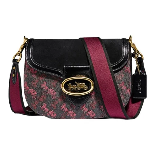 COACH Kat Покрытие Холст Кожаная Вставка Сумка через плечо Женская Черная Красная